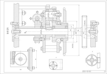 Vector engineering cad drawing of a mechanical part (steel shaft)
with through holes and bolted connections.
Computer aided design of machine parts. - obrazy, fototapety, plakaty