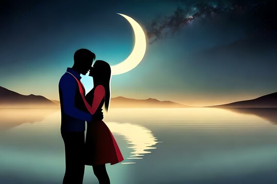Romance, Love, Moonlight, Silhouette, Relationship, Couple, Harmony, Peace, Lake, Moon, Shadows