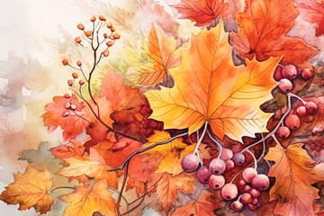 Naklejka na ściany i meble Watercolor autumn background. AI Generative