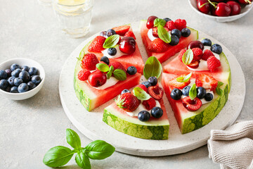 watermelon pizza slices with yogurt and berries, summer dessert