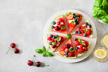 watermelon pizza slices with yogurt and berries, summer dessert