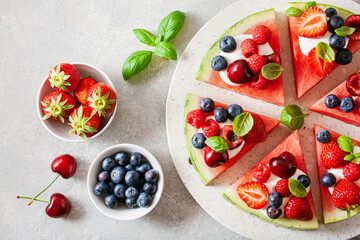 watermelon pizza slices with yogurt and berries, summer dessert