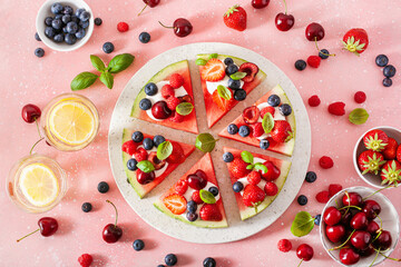 watermelon pizza slices with yogurt and berries, summer dessert