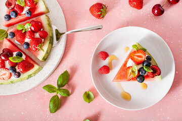 watermelon pizza slices with yogurt and berries, summer dessert