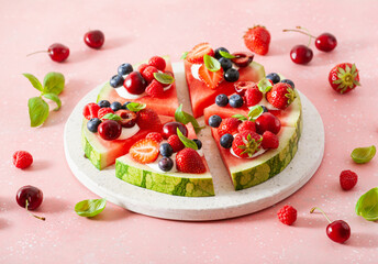 watermelon pizza slices with yogurt and berries, summer dessert