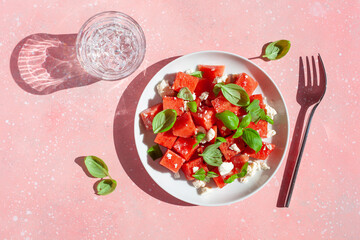 watermelon salad with feta cheese and basil. healthy summer dessert