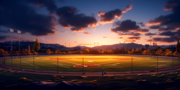 Baseball field at dusk with the lights turned on. Generative Ai.
