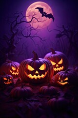 Sinister grins of Halloween Jack-o'-lantern pumpkins among terrible violet forest with pink moon.
