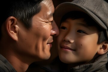 Obraz premium Happy Asian father and son looking at each other in the park