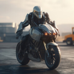 The robot rides a motorcycle. AI generative.
