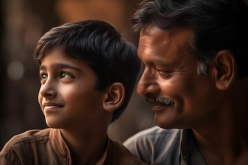 Happy Indian father and son looking at each other in the park