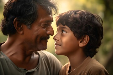 Happy Indian father and son looking at each other in the park