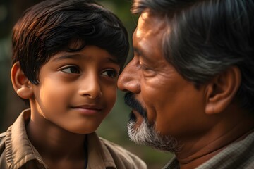 Happy Indian father and son looking at each other in the park - obrazy, fototapety, plakaty