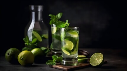 Mojito cocktail with lime, mint and ice on wooden table