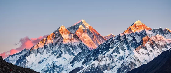 Foto auf Acrylglas Makalu Mountain peak of the tibetan snow-capped mountains, a beautiful panorama of the mountains at sunset of the day, generative ai.