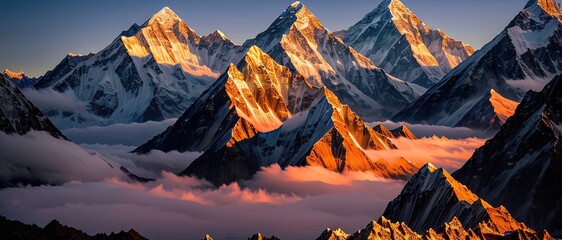 Mountain peak of the tibetan snow-capped mountains, a beautiful panorama of the mountains at sunset of the day, generative ai. - obrazy, fototapety, plakaty