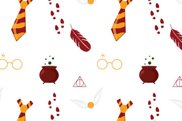 Seamless pattern magic school. Vector seamless pattern with magician objects - flying ball, magic feather, glasses, tie, potion cauldron, shoeprint. Children's pattern, magic design  - obrazy, fototapety, plakaty
