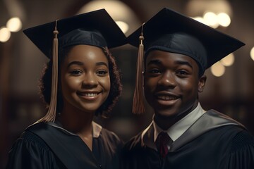 Portrait of happy African couple in graduation caps