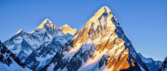 Mountain peak of the tibetan snow-capped mountains, a beautiful panorama of the mountains at sunset of the day, generative ai.