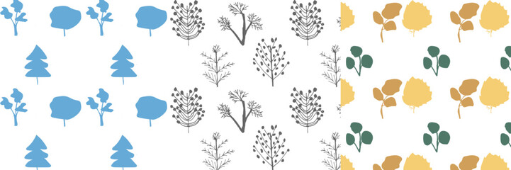 set of hand drawn pattern with silhouette of trees