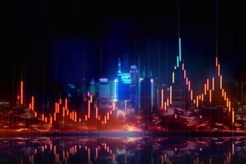 Display of Stock market quotes with city lights reflect on glass, small focus line Generative AI