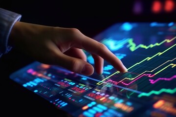Fototapeta premium Hand touching mobile phone investing application. Stock market investment app Generative AI