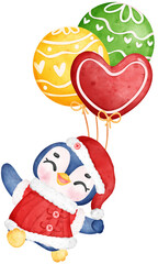 Cute joyful Christmas penguin with balloons cartoon animal watercolour
