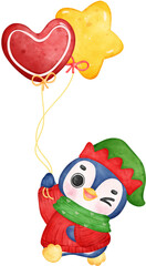 Cute joyful Christmas penguin with balloons cartoon animal watercolour