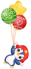 Cute joyful Christmas penguin with balloons cartoon animal watercolour