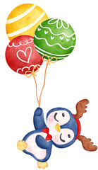 Cute joyful Christmas penguin with balloons cartoon animal watercolour