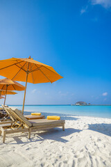 Beautiful tropical beach shore. White sand and coco palm trees travel tourism background concept. Amazing island landscape. Luxury resort vacation holiday. Couple chairs umbrella, honeymoon paradise