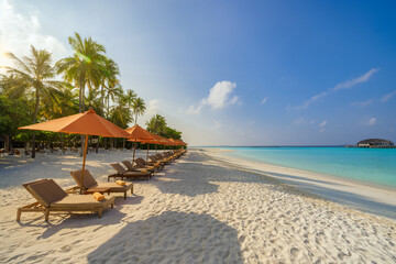 Fantastic panoramic view. Sandy shore soft sunrise sunlight over chairs umbrella and palm trees. Tropical island beach landscape exotic coast. Summer vacation, holiday. Relaxing sunrise leisure resort - obrazy, fototapety, plakaty