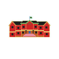 School building, front yard with students children. Flat style vector illustration isolated on white background. Back to school concept vector poster. School with building on background. City primary