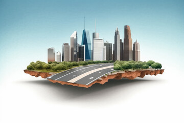 Fototapeta premium Road and highway with buildings skyline , Design of land and city isolated , banner , transportation road or mockup design , Created with generative AI