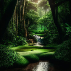 green forest park with waterfall