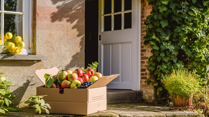 Food delivery, postal service and online grocery shopping, fruit box with fresh organic fruits from a local farm on a house doorstep in the countryside, generative ai