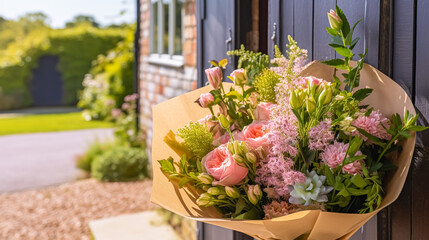 Fototapeta premium Flower shop delivery and holiday gift postal service, beautiful bouquet of flowers on a house doorstep in the countryside, generative ai