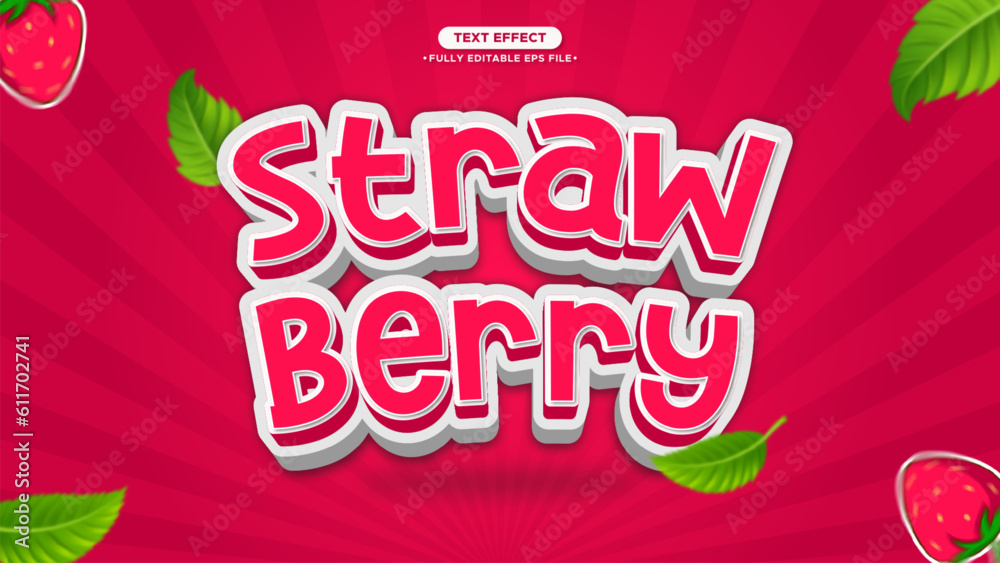 Poster strawberry 3d vector typography style with leaf and icon element