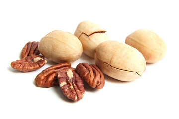 Pecan nuts in shell and peeled pecan kernels isolated on a white. Whole and halves of pecan nuts