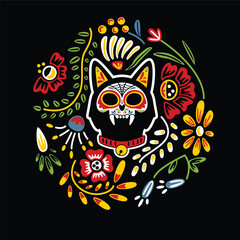 Cat sugar skull in floral ornament. Clip art for Dia de los Muertos. Day of the dead vector art. - 611703305