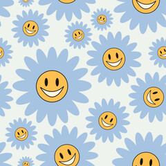 Groovy hippie 70s seamless pattern. Funny cartoon flower. Trendy retro cartoon style.Isolated vector illustration.