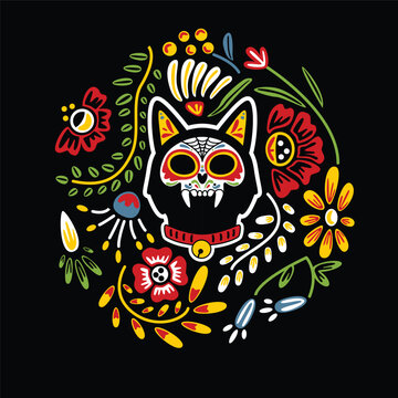 Cat sugar skull in floral ornament. Clip art for Dia de los Muertos. Day of the dead vector art.
