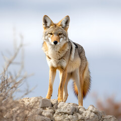 Obraz premium wolf standing on a rock in the mountains. close up shot of a wolf. generative AI