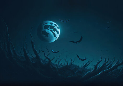 Bats flying on dark night sky. Scary Halloween background. AI generated