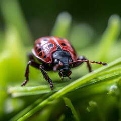 Fototapeta premium ladybug on a leaf. close up shot of a red and black ladybug. Generative AI