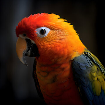 colourfull parot on black burred background. close up shot of a red and yellow parot. generative AI.