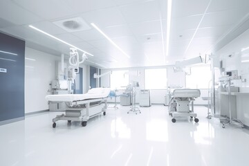 Recovery Room with beds and comfortable medical bed. Interior of an empty hospital room.