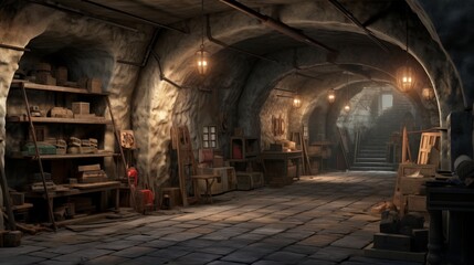 Fototapeta premium Artistic underground bunker with art gallery and studio. Generative AI.