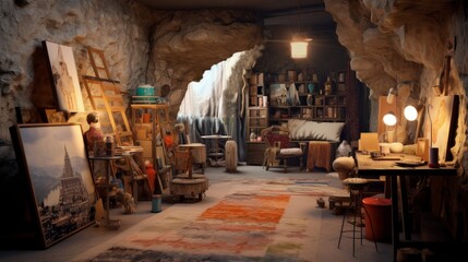 Fototapeta na wymiar Bohemian underground bunker with art studio and creative space. Generative AI.