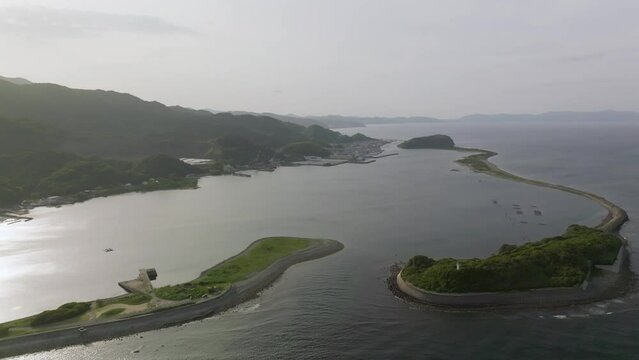 Aerial view of entrance to small bay through sandbar islands on Awaji coast
